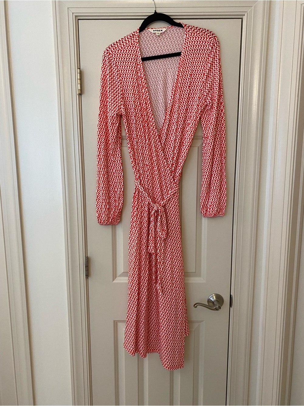 Boden US 10R Pinkish Red & White Patterned True Wrap Midi Dress